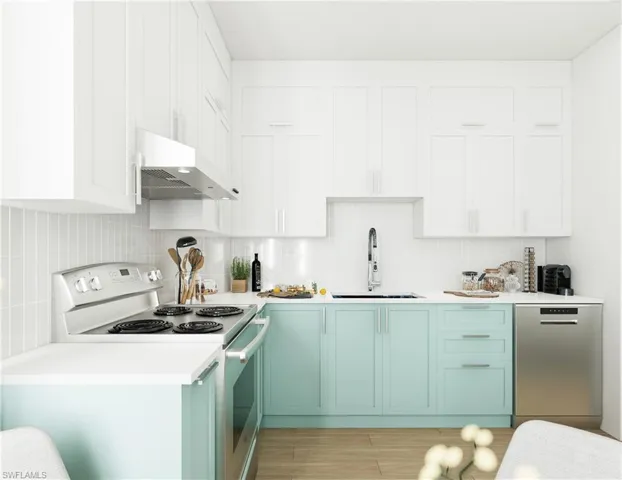 Kitchen featuring white range with electric stovetop, white cabinets, under cabinet range hood, dishwasher, and tasteful backsplash