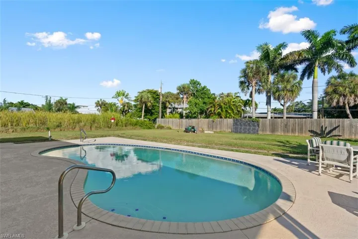 View of swimming pool with a patio and a fenced backyard