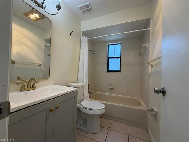 The bathroom features a vanity with a white countertop and a gold-toned faucet, a toilet, and a bathtub with a shower