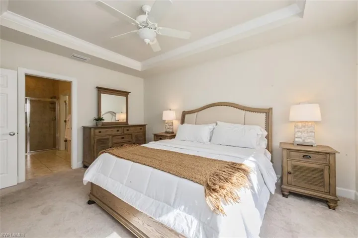 Bedroom featuring a tray ceiling, light carpet, a ceiling fan, and ensuite bathroom