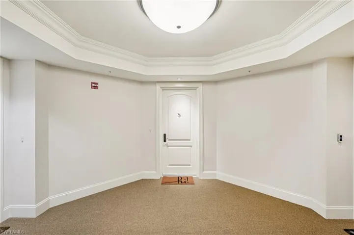 Unfurnished room with crown molding, carpet flooring, and a raised ceiling
