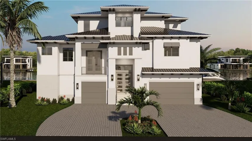 The front elevation rendering showcases planned design elements and features including metal roofing, decorative shutters, impact doors and windows, elevated living space, and a clean, contemporary design esthetic.