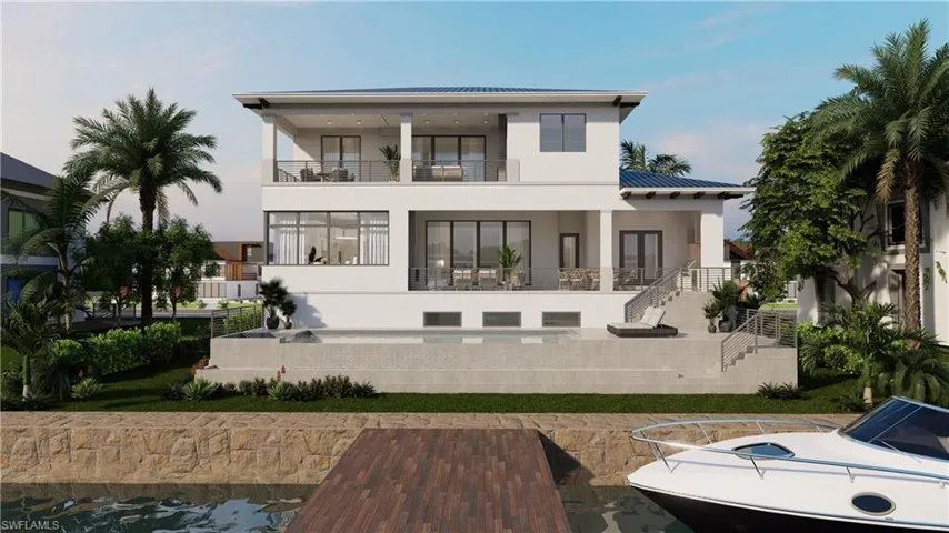 The rear elevation rendering showcases planned design elements and features including two spacious covered living areas overlooking the water, open pool deck with heated pool and spa, boat dock offering indirect access to the Gulf of Mexico.