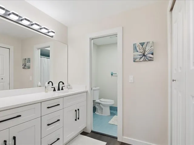 Bathroom with vanity, curtained shower, and dark wood-type flooring