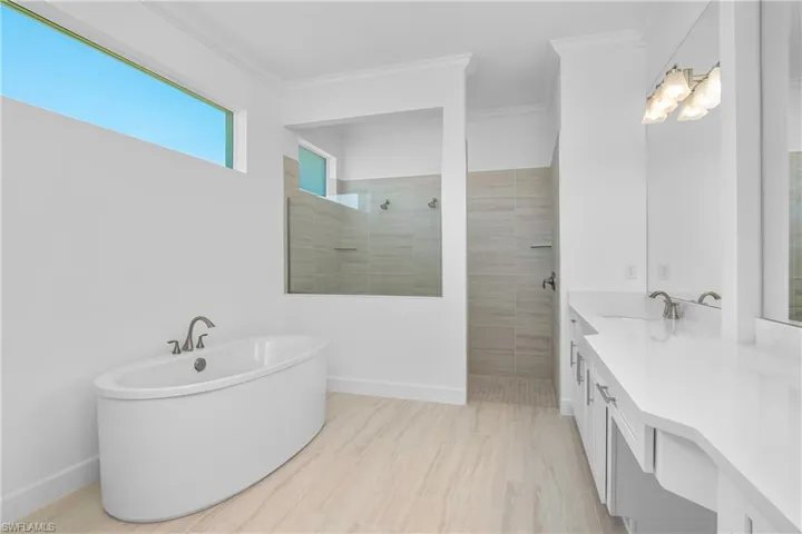 Full bath featuring vanity, a walk in shower, a soaking tub, and ornamental molding