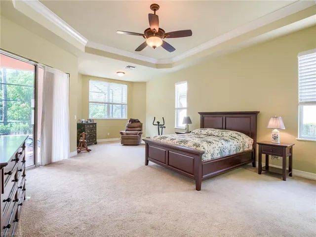 Carpeted bedroom with ceiling fan, access to outside, a raised ceiling, and multiple windows