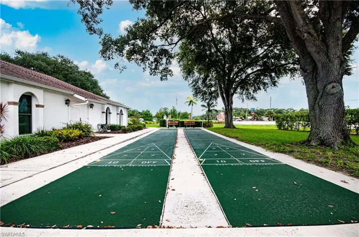 Outdoor shuffleboard courts with a white perimeter, framed by mature trees and manicured landscaping