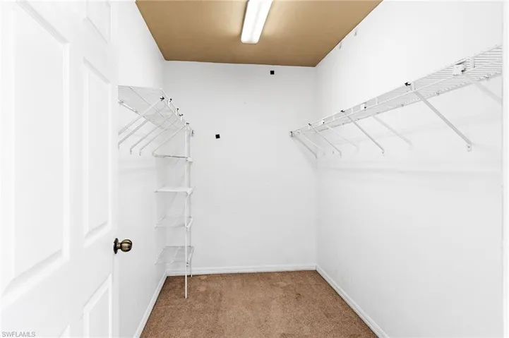 Primary walk in closet with carpet