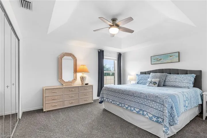 Bedroom with a tray ceiling, carpet, ceiling fan, and a closet