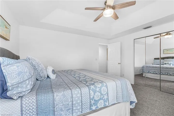 Carpeted bedroom with a tray ceiling, a ceiling fan, and a closet