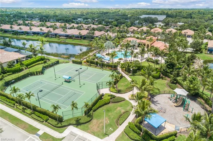 Tennis and Pickleball, resort style pool, and children's play area.
