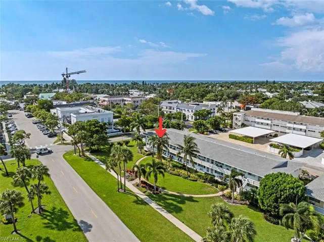 Birds eye view of property with the Gulf of Mexico in the background