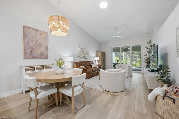 Inviting dining area with designer lighting.