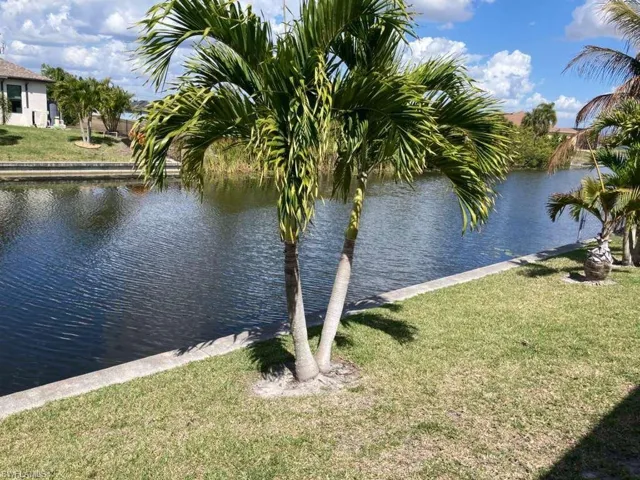 The property offers a waterfront view with a well-maintained lawn and a palm tree