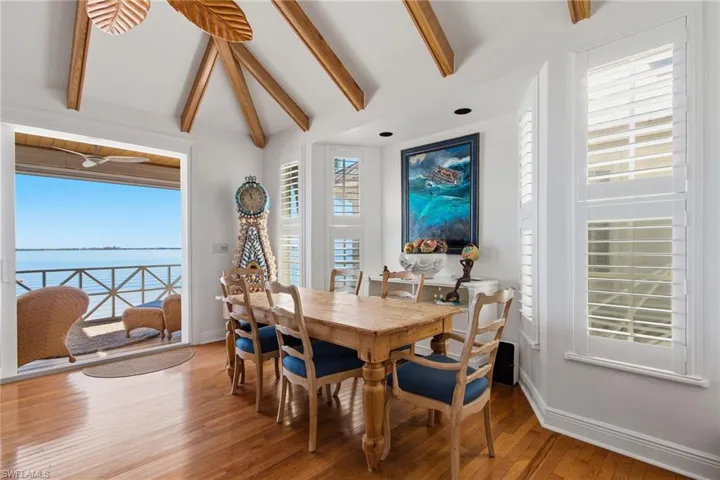 Dining area featuring a water view and wood finished floors