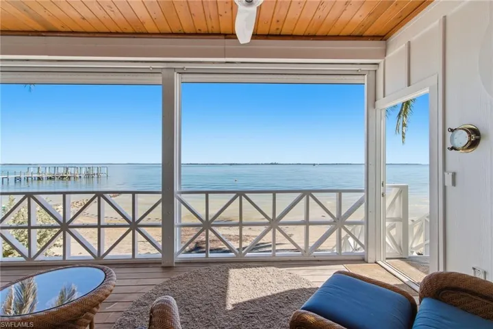Sunroom / solarium featuring view of water and beach, wooden ceiling, and wood finished floors
