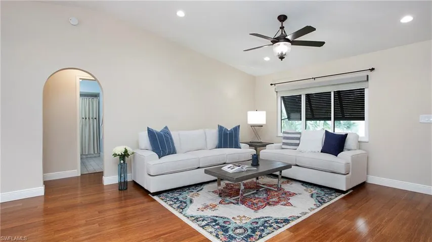 Split floorplan with guest bedrooms and bathroom on one side of living area