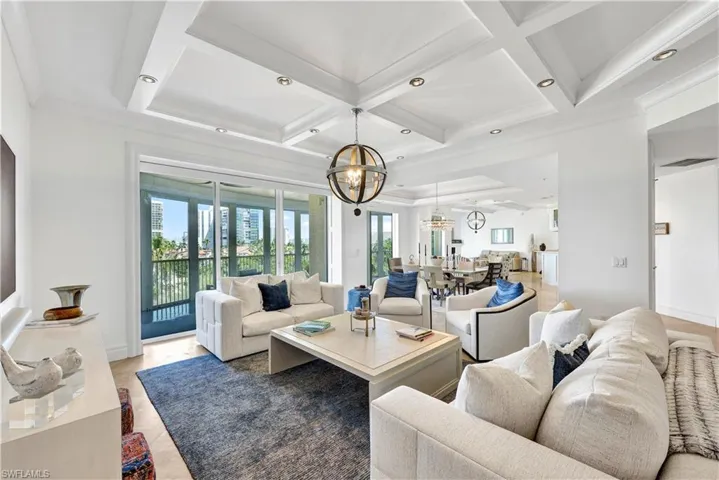 Main Living Room  open floor plan with custom ceilings and Gulf and Park Shore Views