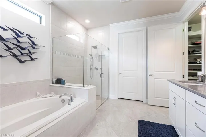 Bathroom featuring vanity, ornamental molding, and plus walk in shower