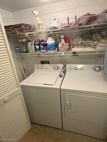 Washer and dryer with storage shelves.