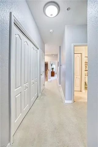 Hallway featuring neutral carpet flooring, light gray walls, white trim, and white paneled doors