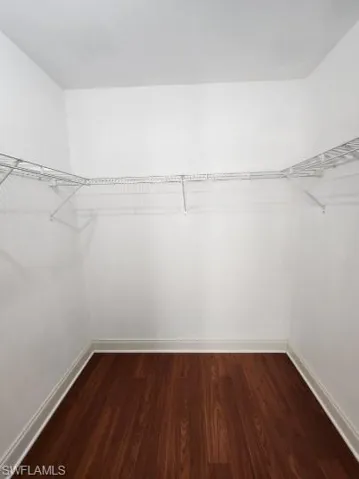 Walk in closet with dark wood-style flooring