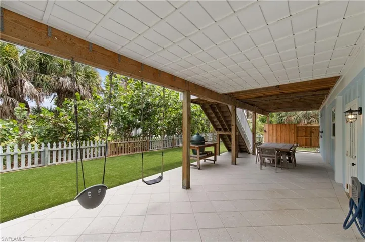 Fenced backyard featuring outdoor dining space and a patio