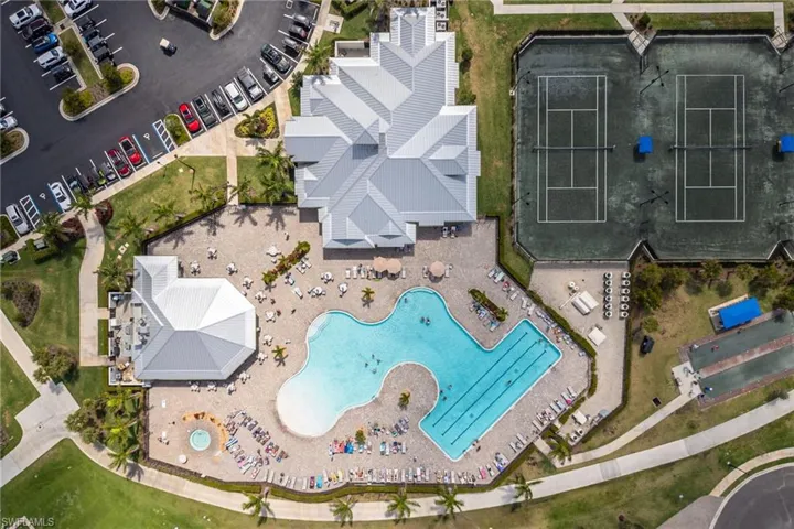 Aerial view of the community pool & amenities