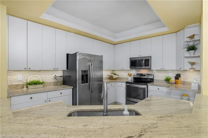 Kitchen featuring white cabinetry, stainless steel appliances, a tray ceiling, and sink