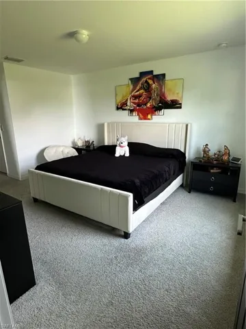 Spacious room featuring light-colored walls and plush carpet