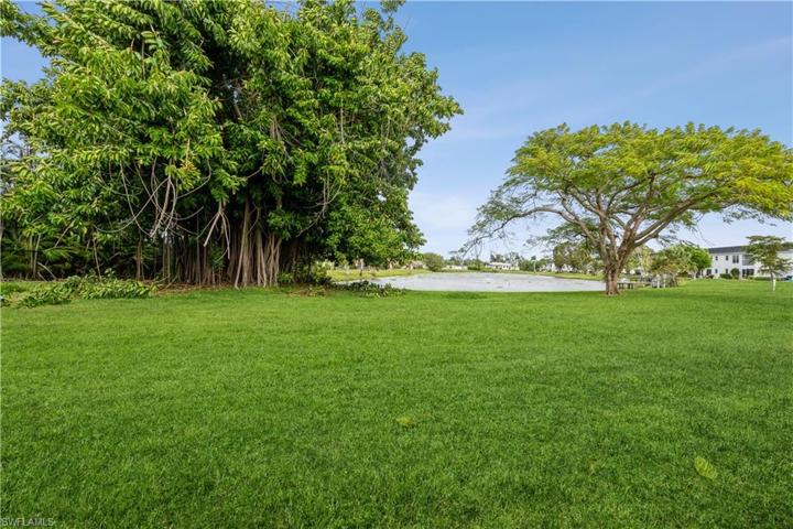View from dining area of lush landscaping