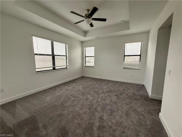 Spacious room featuring a tray ceiling with a ceiling fan, three windows with blinds, and gray carpeting