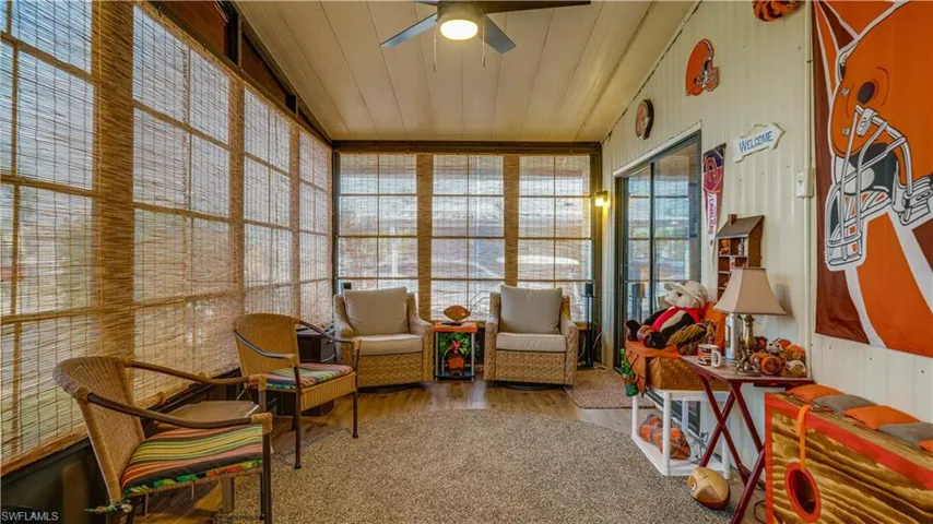 This inviting lanai has been completely rescreened (2023). The bamboo blinds and the ceiling fan are also new (2023). So much space to enjoy in this bonus space!