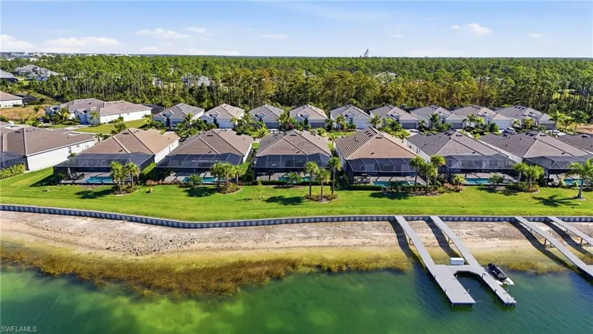 Aerial view of residential area featuring a large body of water