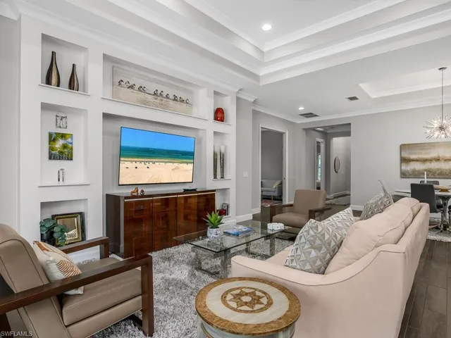 Living room featuring plank-style flooring, a tray ceiling, ornamental molding, recessed lighting, and baseboards