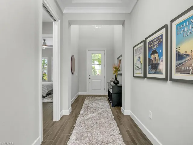 Foyer with dark wood-style floors and baseboards