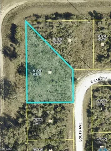 Aerial overview of property's location featuring property boundaries highlighted