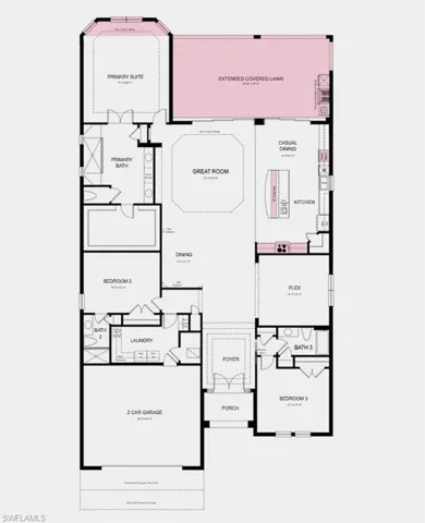 Floor Plan - Additional Highlights Include: tray ceiling package, 4' extended garage, gourmet kitchen, 8 interior doors, covered extended lanai, outdoor kitchen with vent hood, bay window added to the primary suite, impact windows throughout the whole house, window blinds throughout the whole house, and pool with spa