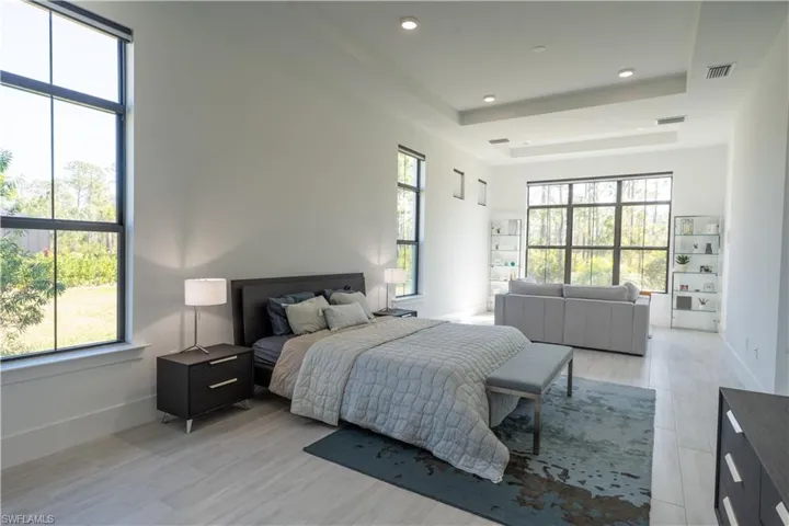 Bedroom with baseboards, a raised ceiling, and visible vents