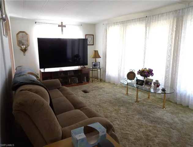 Living area with carpet floors