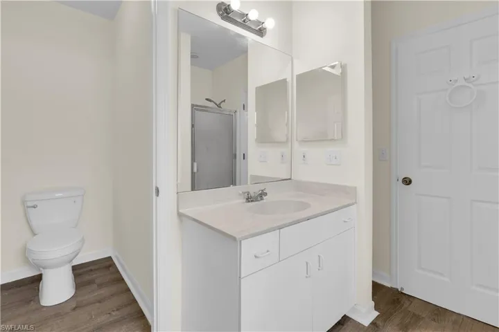 Bathroom with vanity, dark wood-type flooring, and a shower stall