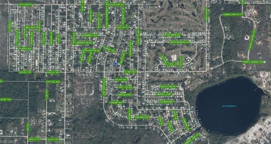 Aerial Map. Depicting a residential area with labeled streets and a body of water