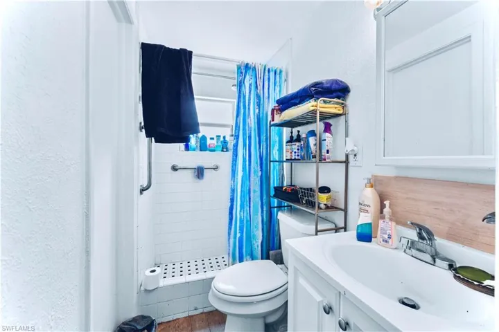 Bathroom featuring hardwood / wood-style floors, vanity, toilet, and curtained shower