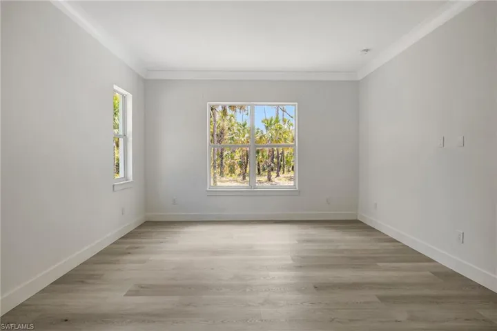 Empty room featuring plenty of natural light, baseboards, light wood-style flooring, and ornamental molding