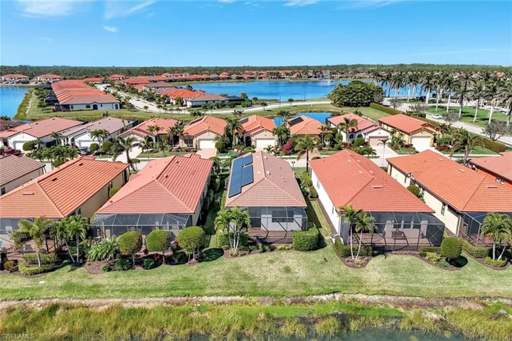 Aerial perspective of suburban area with a nearby body of water
