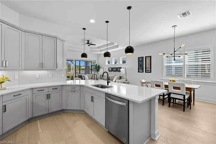 Kitchen with a peninsula, stainless steel dishwasher, ceiling fan, a tray ceiling, and light wood-style flooring