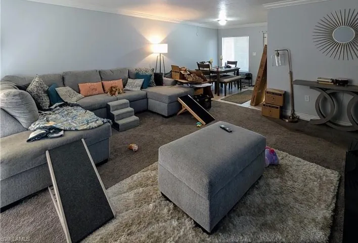 Living room featuring ornamental molding and dark colored carpet