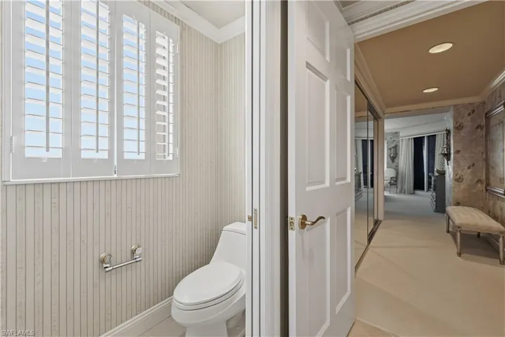 Bathroom with ornamental molding and plenty of natural light
