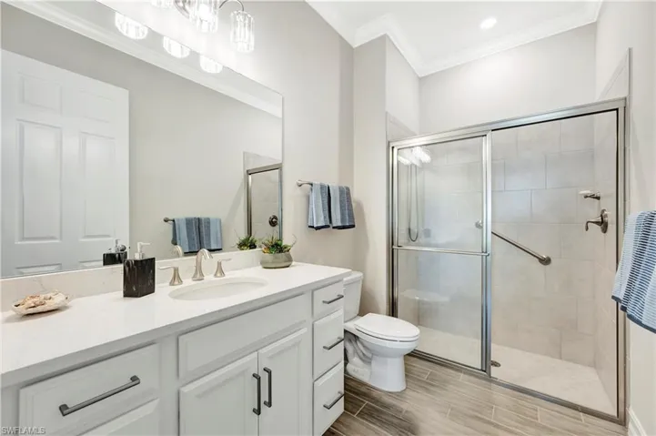 Bathroom with walk in shower, ornamental molding, toilet, and vanity