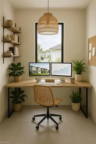 Bedroom featuring access to outside, a raised ceiling, light tile patterned flooring, a ceiling fan, and recessed lighting